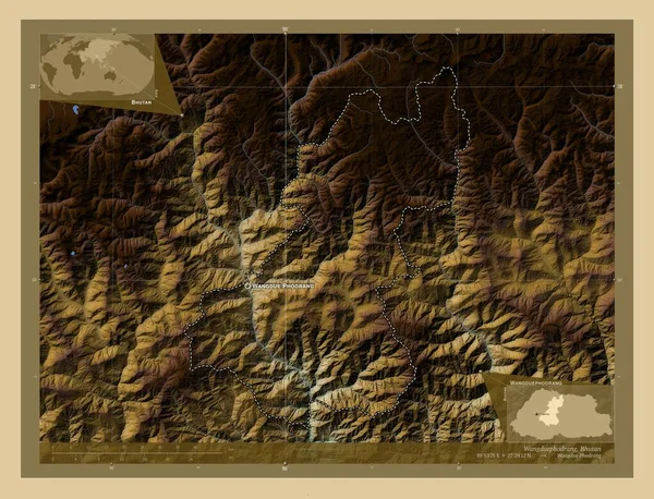 ブータンの郡Wangduephodrang 湖や川と色の標高マップ 地域の主要都市の位置と名前 コーナー補助位置図 — ストック写真