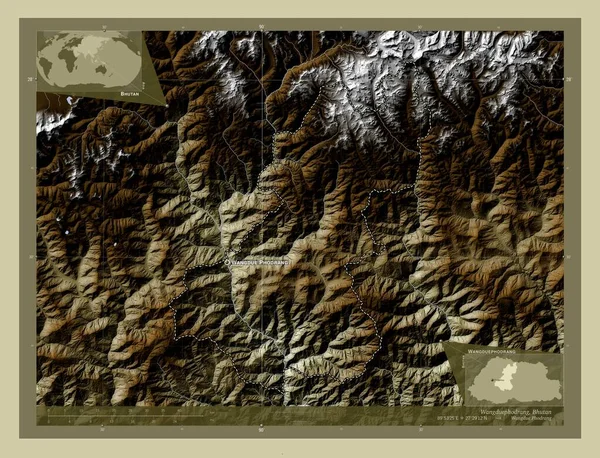 Wangduephodrang 不丹区 用Wiki风格绘制的带有湖泊和河流的高程地图 该区域主要城市的地点和名称 角辅助位置图 — 图库照片