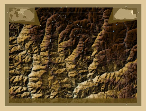 Yangtse Περιφέρεια Μπουτάν Χρωματιστός Υψομετρικός Χάρτης Λίμνες Και Ποτάμια Γωνιακοί — Φωτογραφία Αρχείου