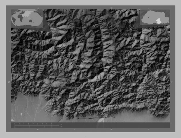 Жемганг Район Бутана Карта Высот Оттенках Серого Озерами Реками Вспомогательные — стоковое фото