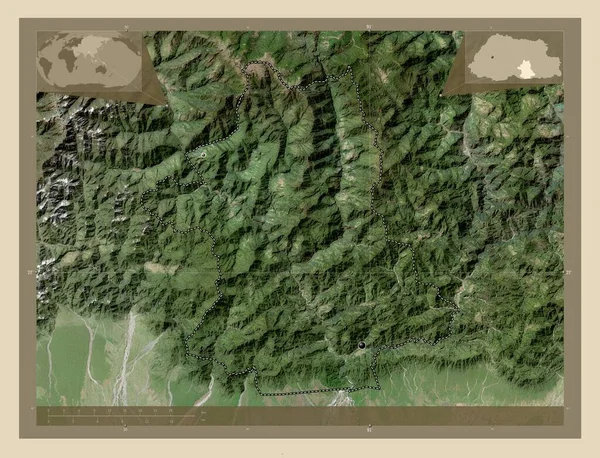 ブータンの首都 高解像度衛星地図 地域の主要都市の場所 コーナー補助位置図 — ストック写真