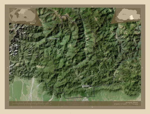 Zhemgang Περιφέρεια Μπουτάν Υψηλής Ανάλυσης Δορυφορικός Χάρτης Τοποθεσίες Και Ονόματα — Φωτογραφία Αρχείου