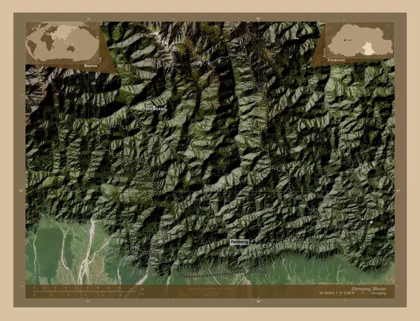 Zhemgang District Bhutan 低分辨率卫星地图 该区域主要城市的地点和名称 角辅助位置图 — 图库照片