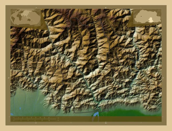 Zhemgang District Bhutan Colored Elevation Map Lakes Rivers Locations Major — Stock Photo, Image