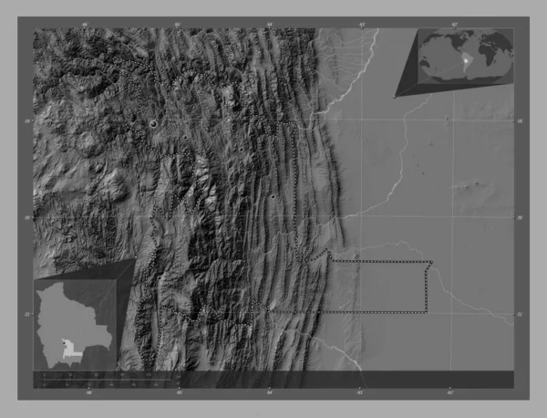 玻利维亚省Chuquisaca 带湖泊和河流的比尔维尔高程图 该区域主要城市的所在地点 角辅助位置图 — 图库照片