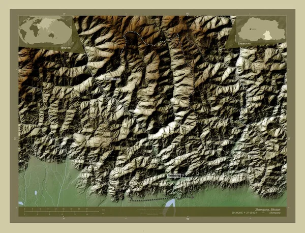 Zhemgang District Bhutan Hoogtekaart Gekleurd Wiki Stijl Met Meren Rivieren — Stockfoto
