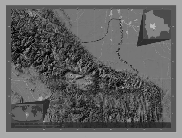 玻利维亚省科恰班巴 带湖泊和河流的比尔维尔高程图 角辅助位置图 — 图库照片