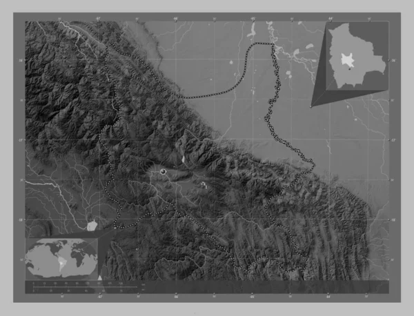 Cochabamba Department Bolivia Grayscale Elevation Map Lakes Rivers Corner Auxiliary — Stock Photo, Image