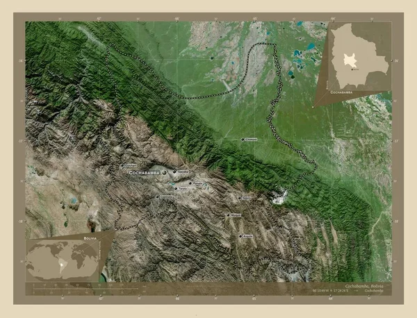 Cochabamba Departament Boliwii Mapa Satelity Wysokiej Rozdzielczości Lokalizacje Nazwy Głównych — Zdjęcie stockowe