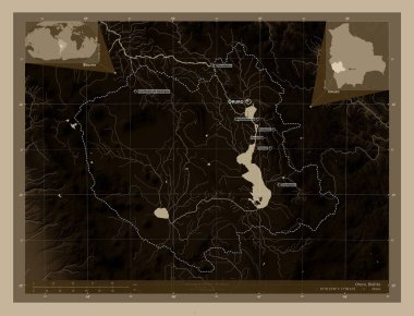 Oruro, Bolivya Bölümü. Yükseklik haritası sepya tonlarında göller ve nehirlerle renklendirilmiş. Bölgenin büyük şehirlerinin yerleri ve isimleri. Köşedeki yedek konum haritaları