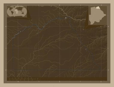 Chobe, Botswana bölgesi. Yükseklik haritası sepya tonlarında göller ve nehirlerle renklendirilmiş. Bölgenin büyük şehirlerinin yerleri. Köşedeki yedek konum haritaları