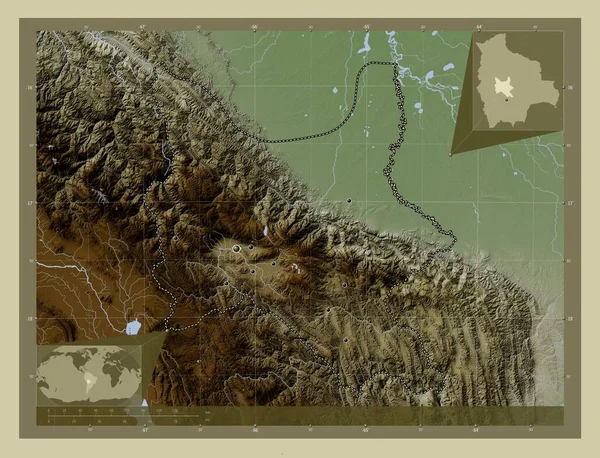 Cochabamba Oddělení Bolívie Zdvihová Mapa Zbarvená Stylu Wiki Jezery Řekami — Stock fotografie