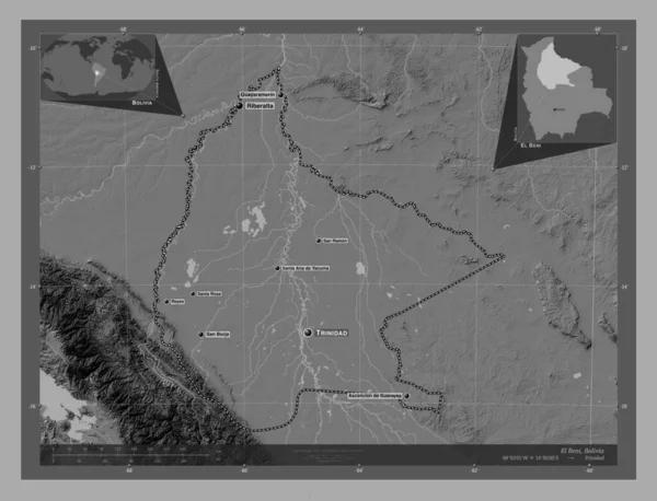 Beni Departement Bolivia Hoogteplattegrond Met Meren Rivieren Locaties Namen Van — Stockfoto