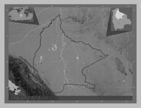 Beni Departament Boliwii Mapa Wzniesień Skali Szarości Jeziorami Rzekami Lokalizacje — Zdjęcie stockowe