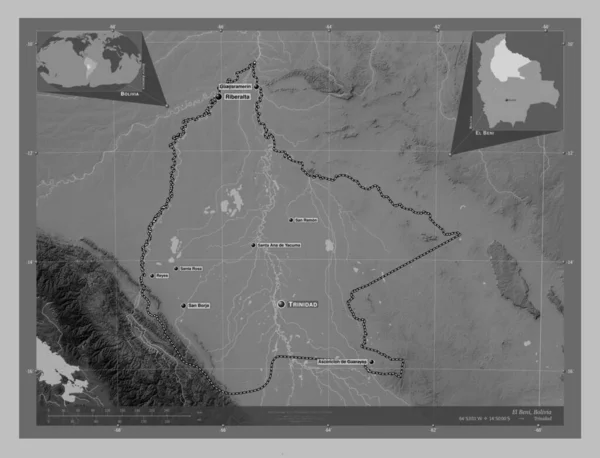 Ель Бені Департамент Болівії Граймасштабна Мапа Висот Озерами Річками Місця — стокове фото