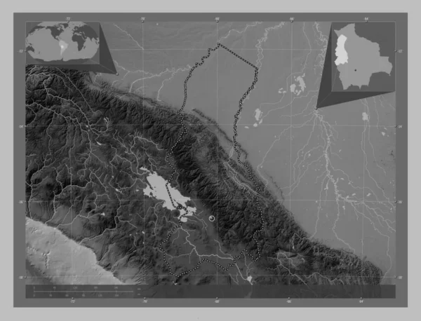 ボリビアのラパス県 湖や川とグレースケールの標高マップ コーナー補助位置図 — ストック写真