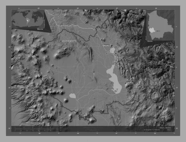 ボリビアのオルロ県 湖や川と二階の標高マップ 地域の主要都市の位置と名前 コーナー補助位置図 — ストック写真