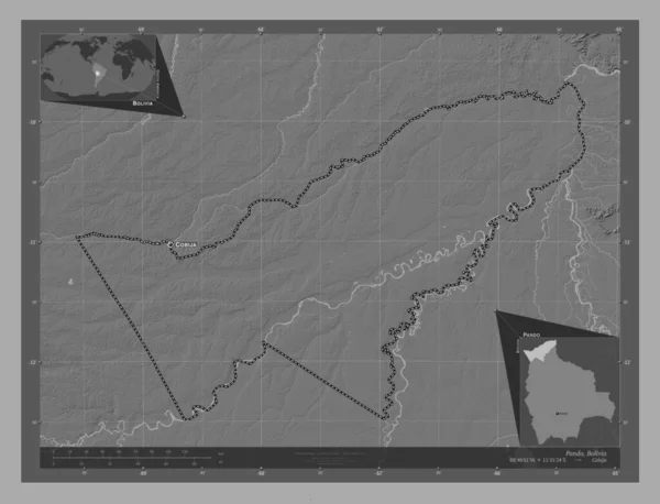 Pando Department Bolivia Bilevel Elevation Map Lakes Rivers Locations Names — Stock Photo, Image