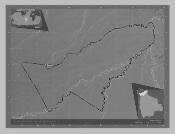 Pando Departement Bolivia Grayscale Hoogte Kaart Met Meren Rivieren Locaties — Stockfoto