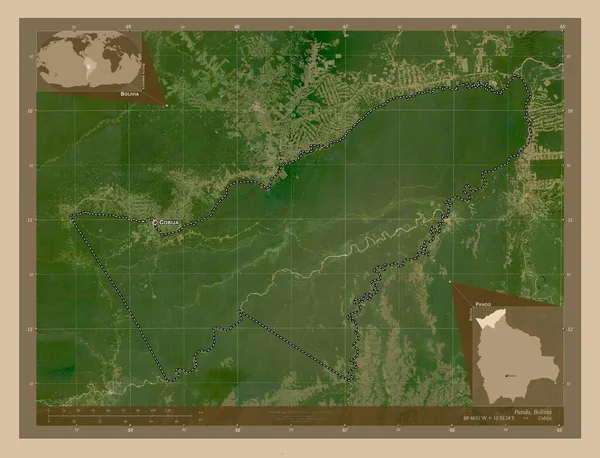 パンド ボリビアの部門 低解像度衛星地図 地域の主要都市の位置と名前 コーナー補助位置図 — ストック写真