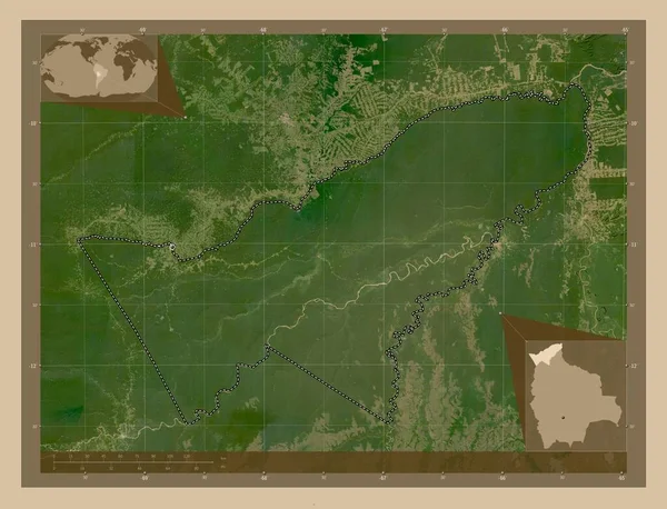 パンド ボリビアの部門 低解像度衛星地図 コーナー補助位置図 — ストック写真