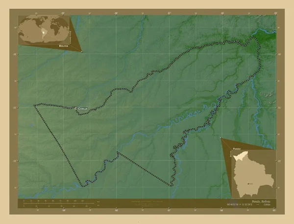 パンド ボリビアの部門 湖や川と色の標高マップ 地域の主要都市の位置と名前 コーナー補助位置図 — ストック写真