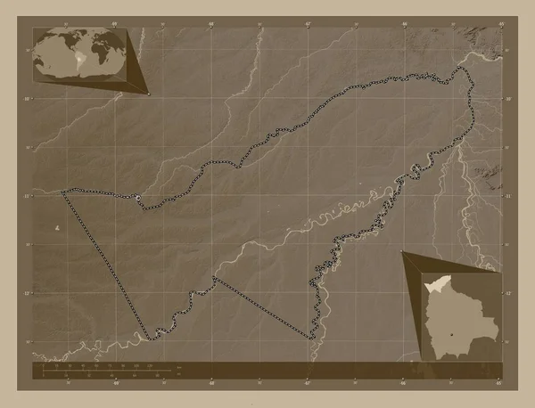 Pando Bolivya Departmanı Yükseklik Haritası Sepya Tonlarında Göller Nehirlerle Renklendirilmiş — Stok fotoğraf