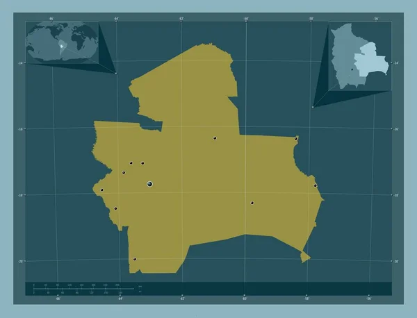 ボリビアのサンタ クルスだ しっかりした色の形 地域の主要都市の場所 コーナー補助位置図 — ストック写真