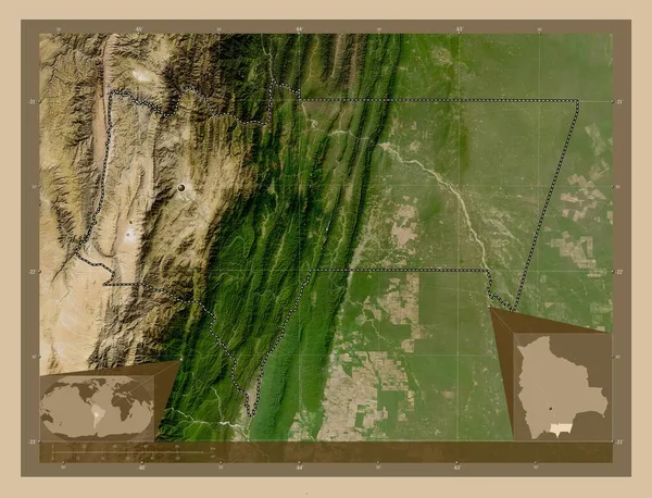 Tarija Τμήμα Βολιβίας Δορυφορικός Χάρτης Χαμηλής Ανάλυσης Γωνιακοί Χάρτες Βοηθητικής — Φωτογραφία Αρχείου