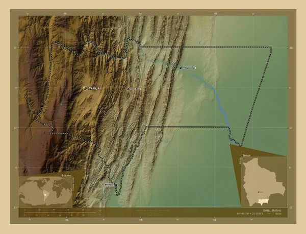 Тариха Департамент Боливии Цветная Карта Высоты Озерами Реками Места Названия — стоковое фото