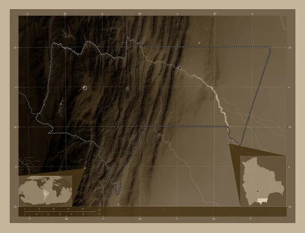 Tarija Departamento Bolivia Mapa Elevación Coloreado Tonos Sepia Con Lagos — Foto de Stock