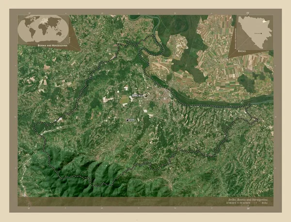 ブルコ ボスニア ヘルツェゴビナ共和国の県 高解像度衛星地図 地域の主要都市の位置と名前 コーナー補助位置図 — ストック写真