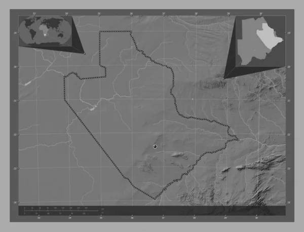 Central District Botswana Bilevel Elevation Map Lakes Rivers Corner Auxiliary — Stock Photo, Image