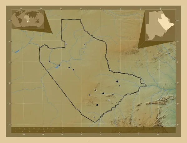 Centrala Dzielnica Botswany Kolorowa Mapa Wzniesień Jeziorami Rzekami Lokalizacje Dużych — Zdjęcie stockowe