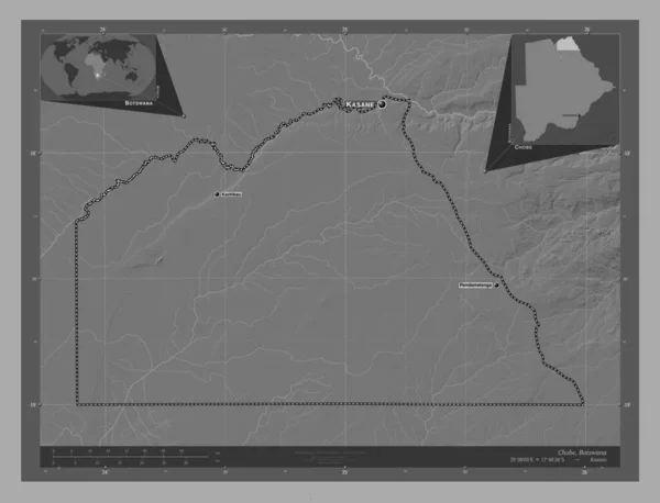 Chobe District Botswana Bilevel Elevation Map Lakes Rivers Locations Names — Stock Photo, Image