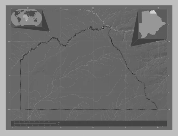 Chobe District Botswana Grayscale Elevation Map Lakes Rivers Corner Auxiliary — Stock Photo, Image