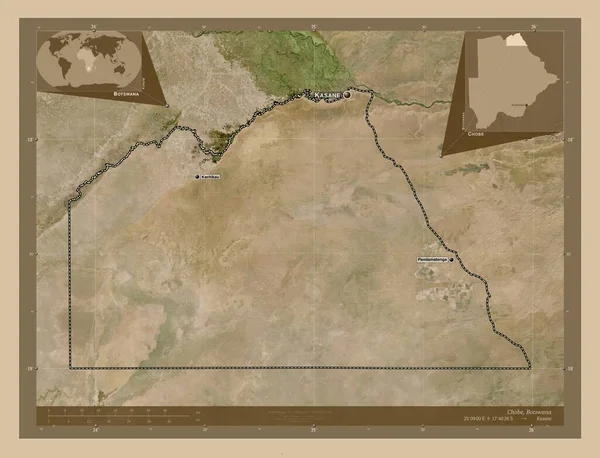 ボツワナ共和国の地方都市 低解像度衛星地図 地域の主要都市の位置と名前 コーナー補助位置図 — ストック写真