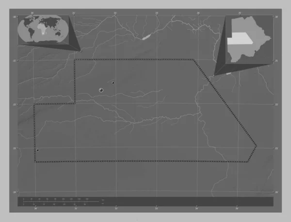 Ghanzi District Botswana Grayscale Hoogte Kaart Met Meren Rivieren Locaties — Stockfoto