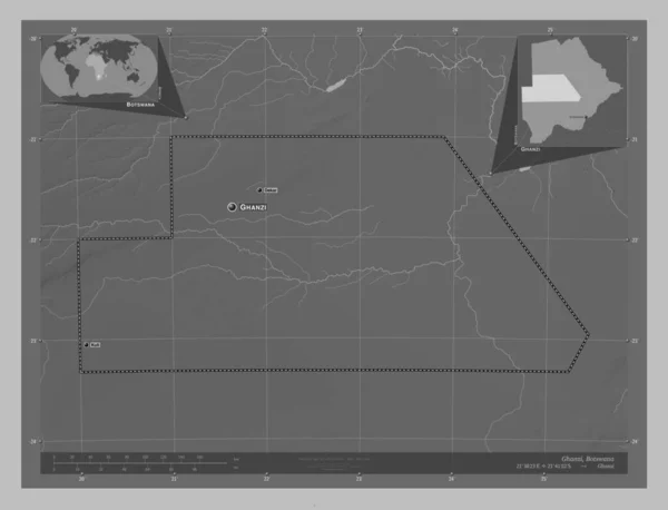 Ghanzi District Botswana Grayscale Elevation Map Lakes Rivers Locations Names — Stock Photo, Image