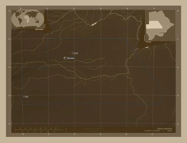 Ghanzi Okres Botswana Zdvihová Mapa Zbarvená Sépiovými Tóny Jezery Řekami — Stock fotografie