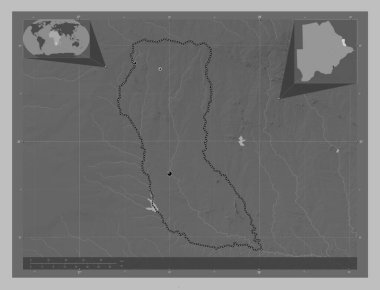 Kuzeydoğu, Botswana bölgesi. Gölleri ve nehirleri olan gri tonlama yükseklik haritası. Bölgenin büyük şehirlerinin yerleri. Köşedeki yedek konum haritaları