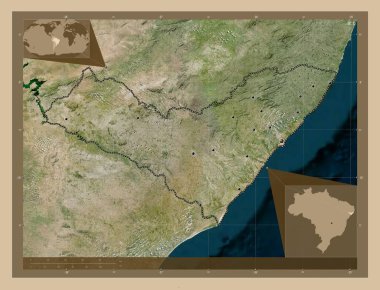 Alagoas, Brezilya eyaleti. Düşük çözünürlüklü uydu. Bölgenin büyük şehirlerinin yerleri. Köşedeki yedek konum haritaları