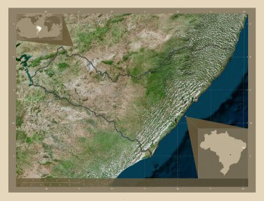 Alagoas, Brezilya eyaleti. Yüksek çözünürlüklü uydu. Köşedeki yedek konum haritaları