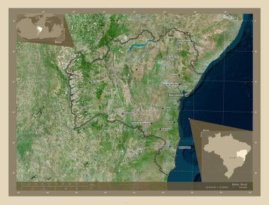 Bahia, Brezilya Eyaleti. Yüksek çözünürlüklü uydu. Bölgenin büyük şehirlerinin yerleri ve isimleri. Köşedeki yedek konum haritaları