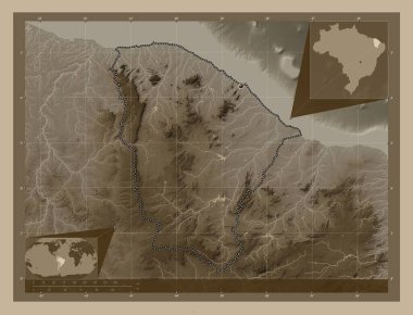 Ceara, Brezilya eyaleti. Yükseklik haritası sepya tonlarında göller ve nehirlerle renklendirilmiş. Köşedeki yedek konum haritaları