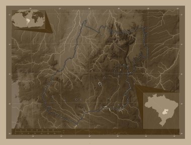 Goias, Brezilya eyaleti. Yükseklik haritası sepya tonlarında göller ve nehirlerle renklendirilmiş. Bölgenin büyük şehirlerinin yerleri. Köşedeki yedek konum haritaları