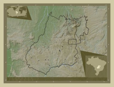 Goias, Brezilya eyaleti. Yükseklik haritası göller ve nehirlerle wiki tarzında renklendirilmiş. Bölgenin büyük şehirlerinin yerleri. Köşedeki yedek konum haritaları