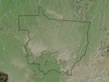 Mato Grosso, Brezilya eyaleti. Yükseklik haritası göller ve nehirlerle wiki stilinde renklendirilmiştir