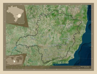 Minas Gerais, Brezilya eyaleti. Yüksek çözünürlüklü uydu. Bölgenin büyük şehirlerinin yerleri ve isimleri. Köşedeki yedek konum haritaları