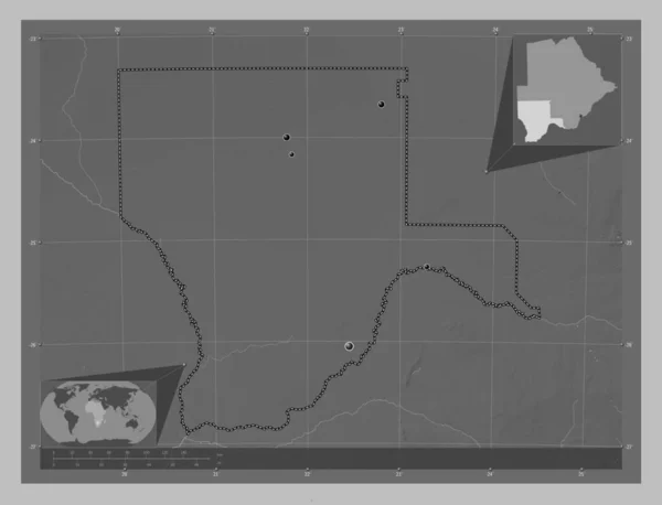 Kgalagadi Dzielnica Botswany Mapa Wzniesień Skali Szarości Jeziorami Rzekami Lokalizacje — Zdjęcie stockowe